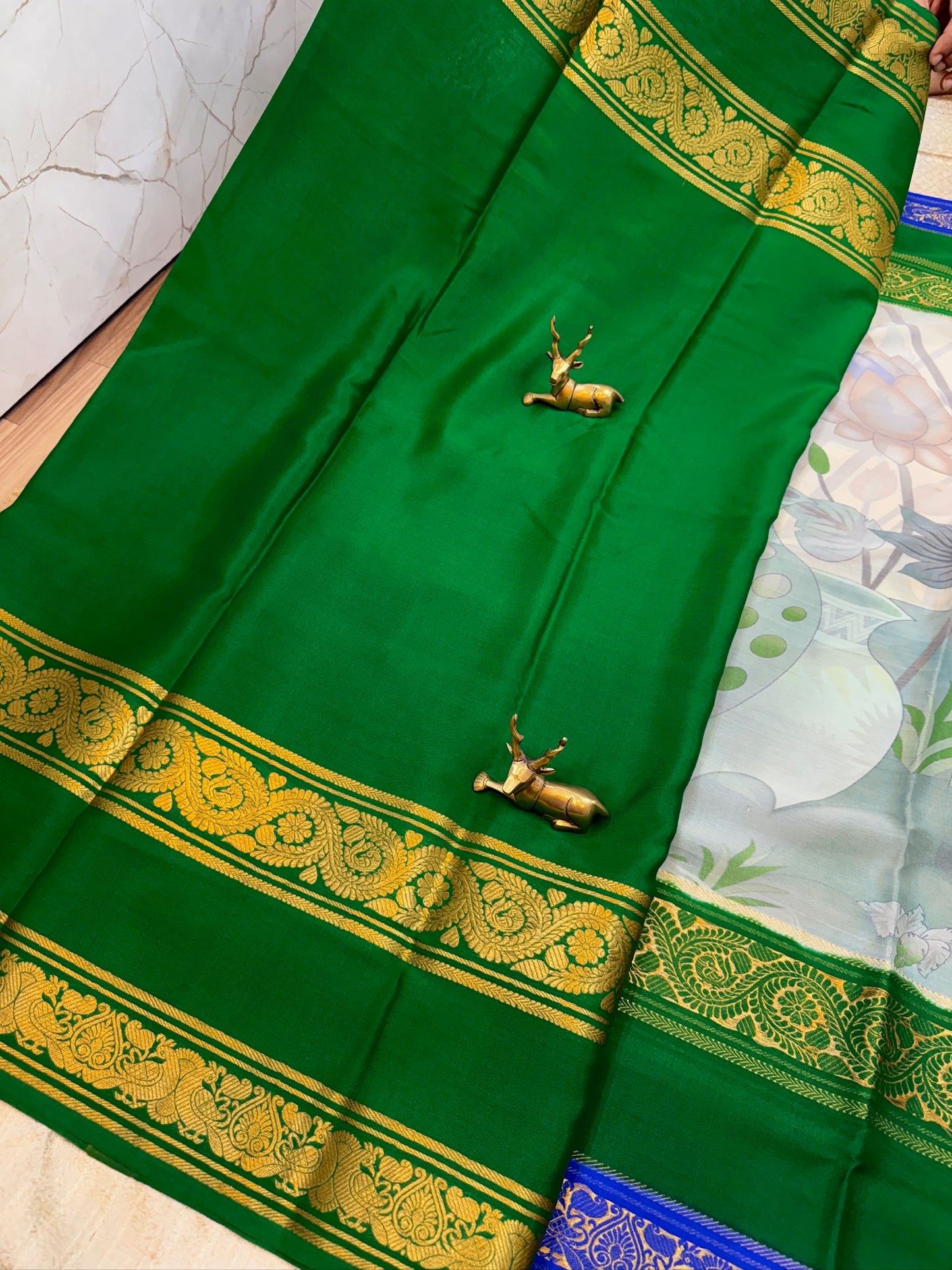 Pure Crepe Mysore Silk Saree with Floral Print | Green and Blue Border