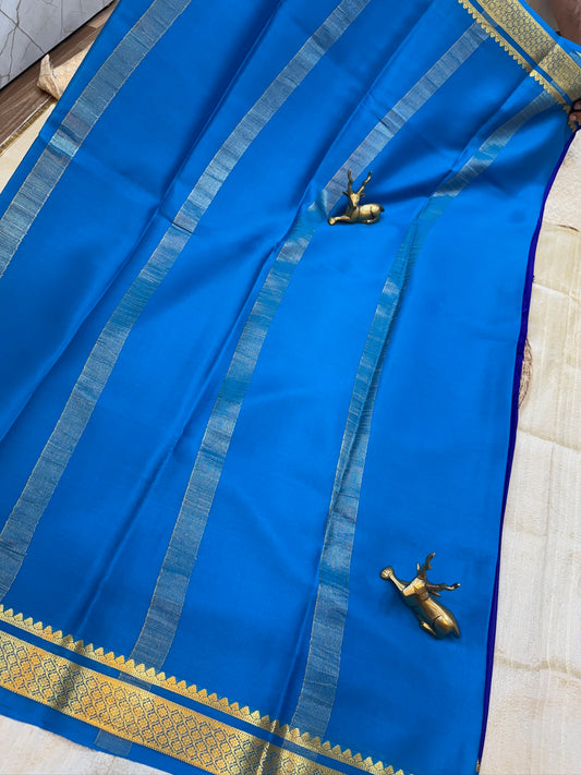 Pure Crepe Mysore Silk Saree | Royal Blue with Light blue Border