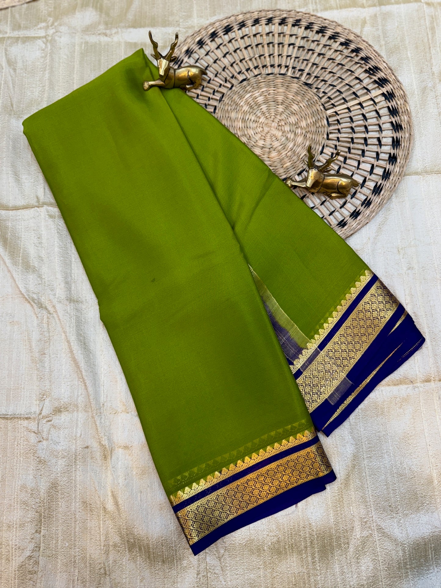Pure Crepe Mysore Silk Saree | Green with Navy Border