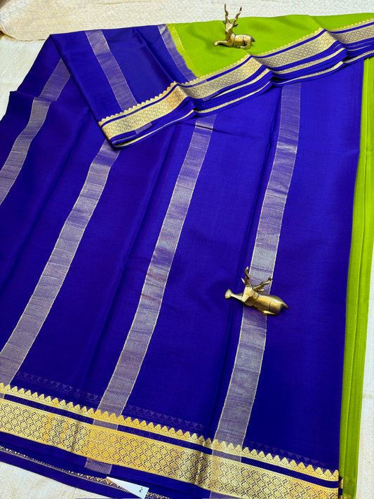 Pure Crepe Mysore Silk Saree | Green with Navy Border