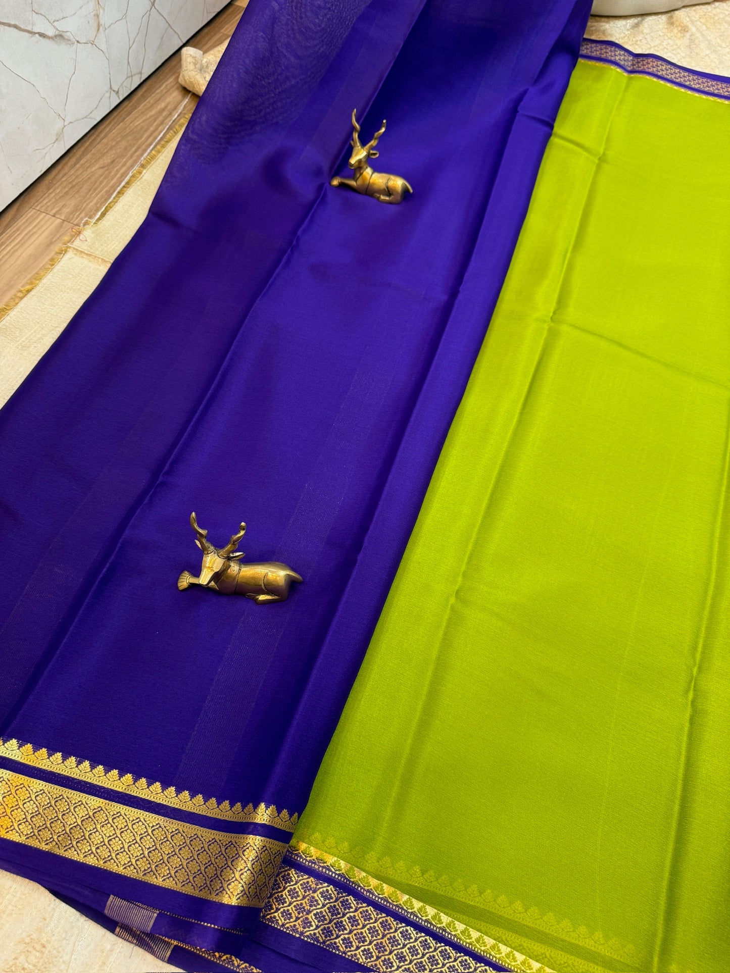 Pure Crepe Mysore Silk Saree | Green with Navy Border
