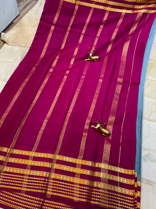 Pure Crepe Mysore Silk Saree with Bentex border | Blue with Pink border