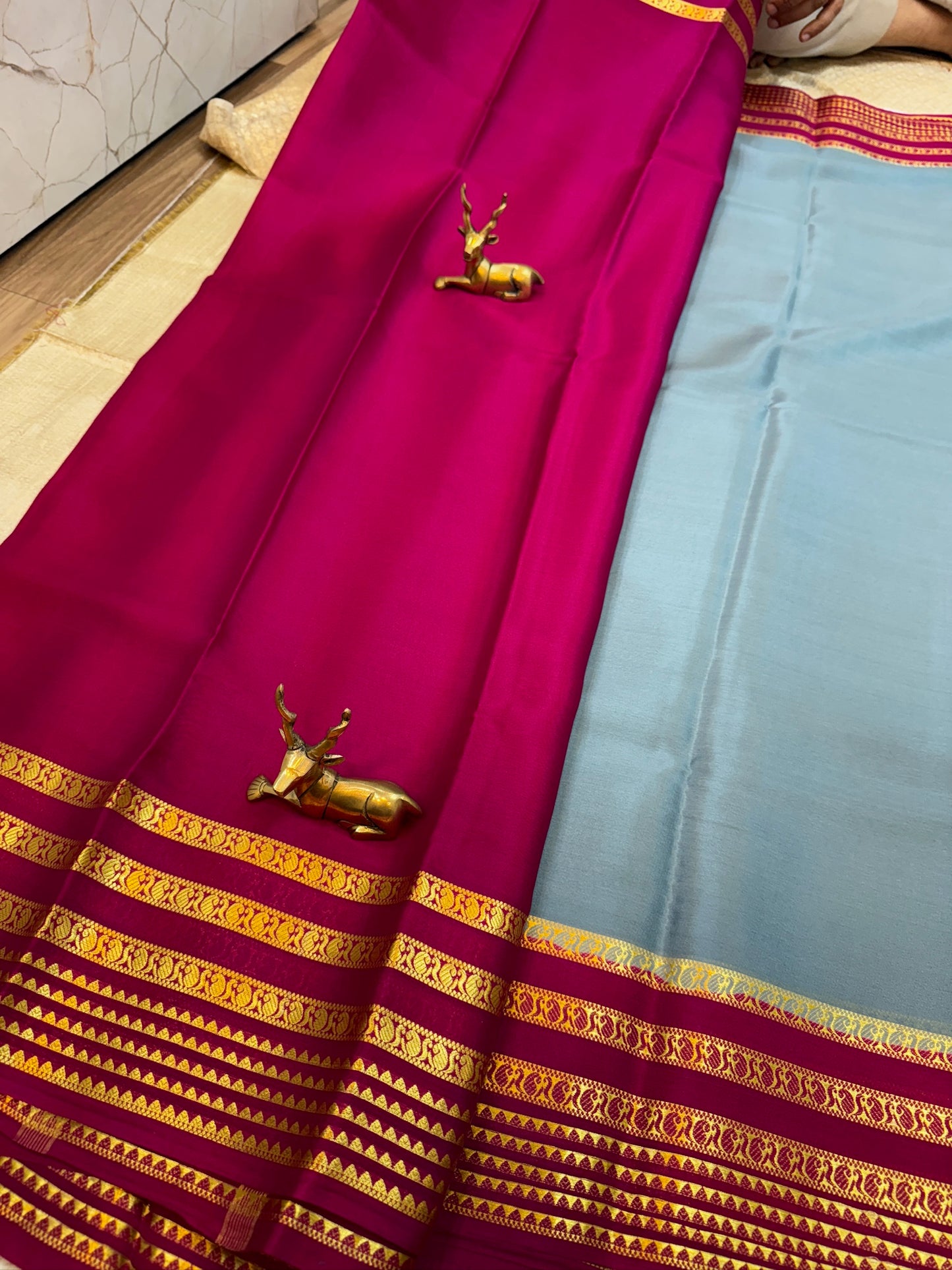 Pure Crepe Mysore Silk Saree with Bentex border | Blue with Pink border