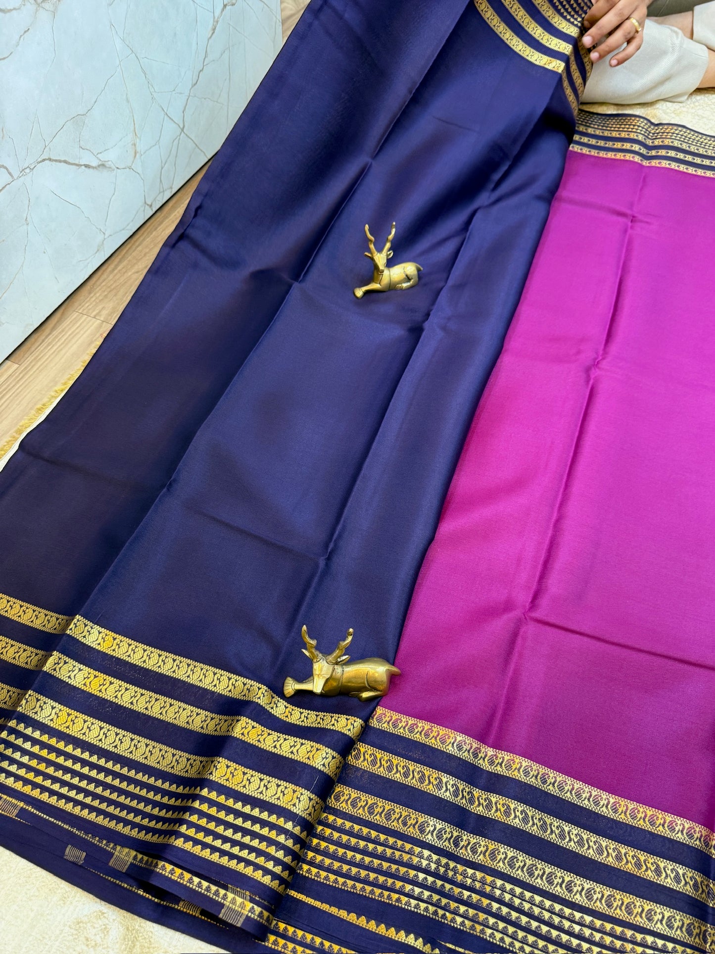 Pure Crepe Mysore Silk Saree with Bentex border | Purple with Navy Border