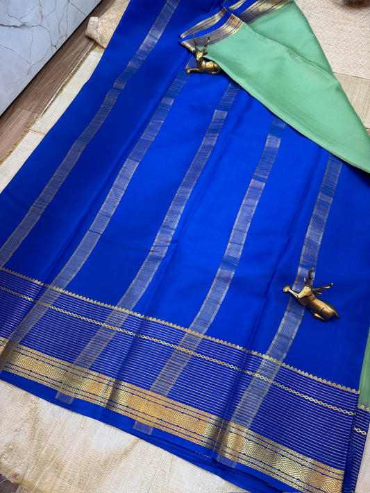 Pure Crepe Mysore Silk Saree | Pista Green with Royal Blue Border