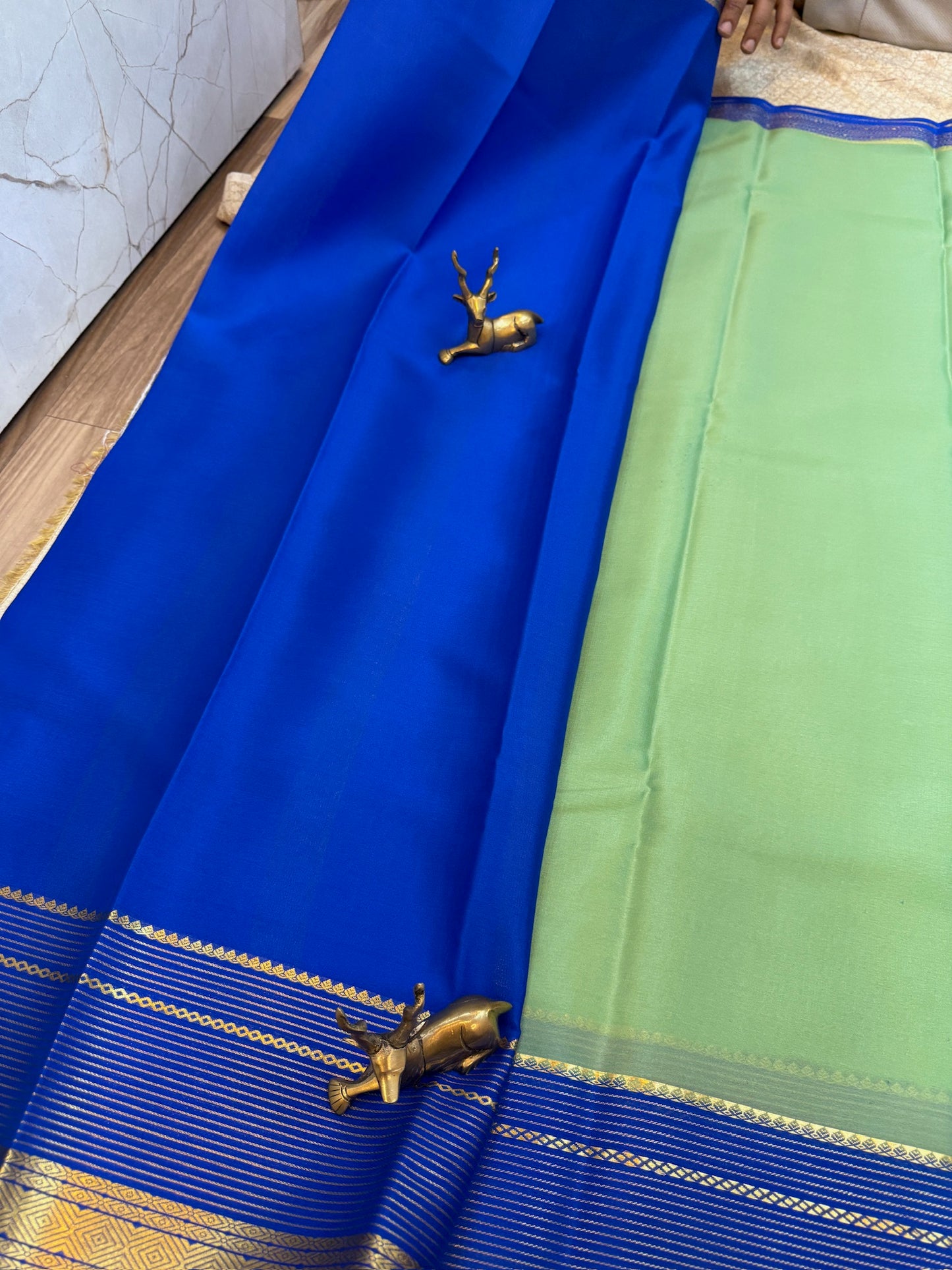Pure Crepe Mysore Silk Saree | Pista Green with Royal Blue Border