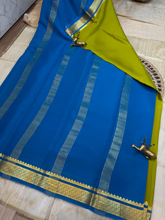 Pure Crepe Mysore Silk Saree | Green with Blue Border