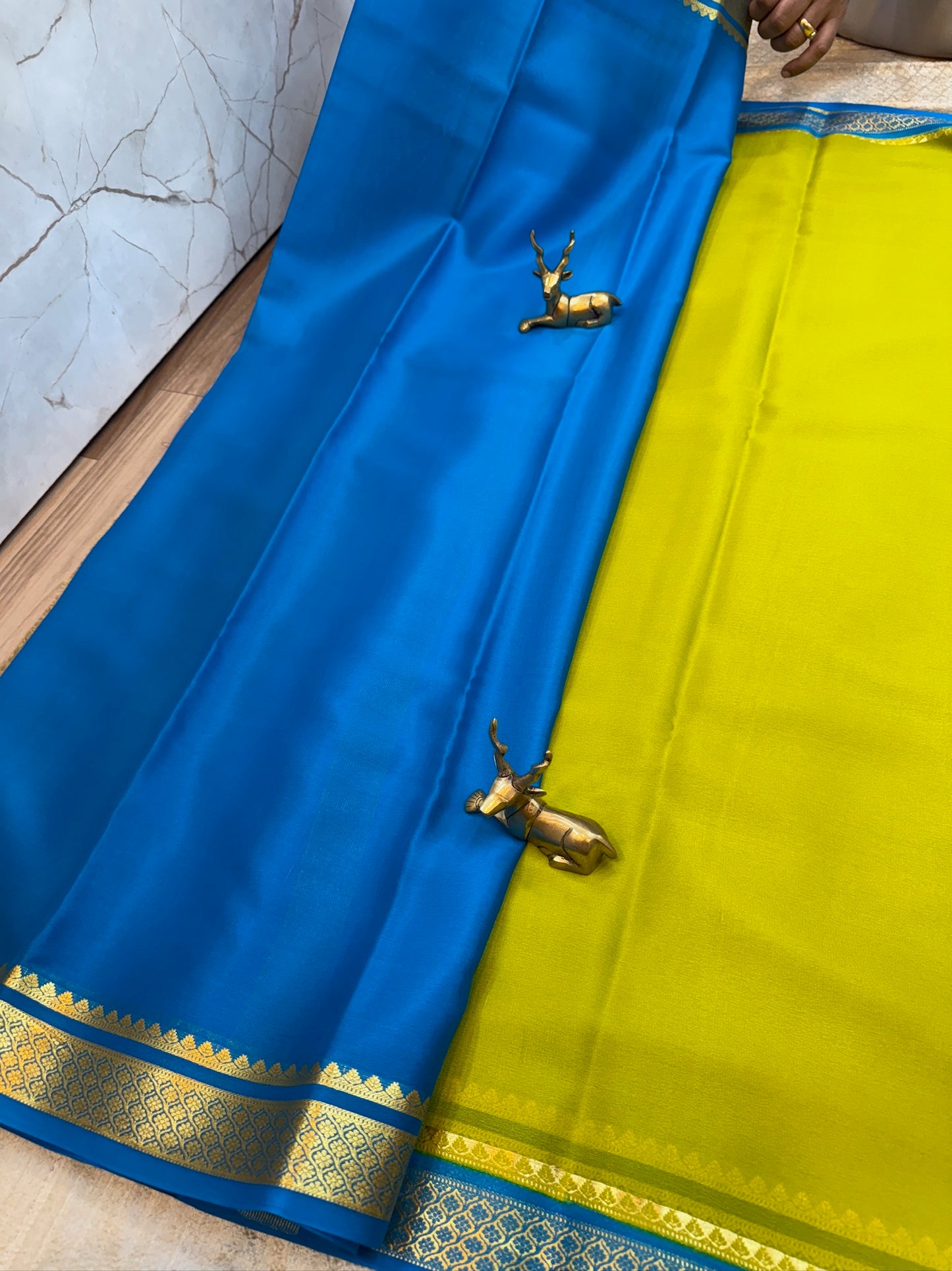 Pure Crepe Mysore Silk Saree | Green with Blue Border