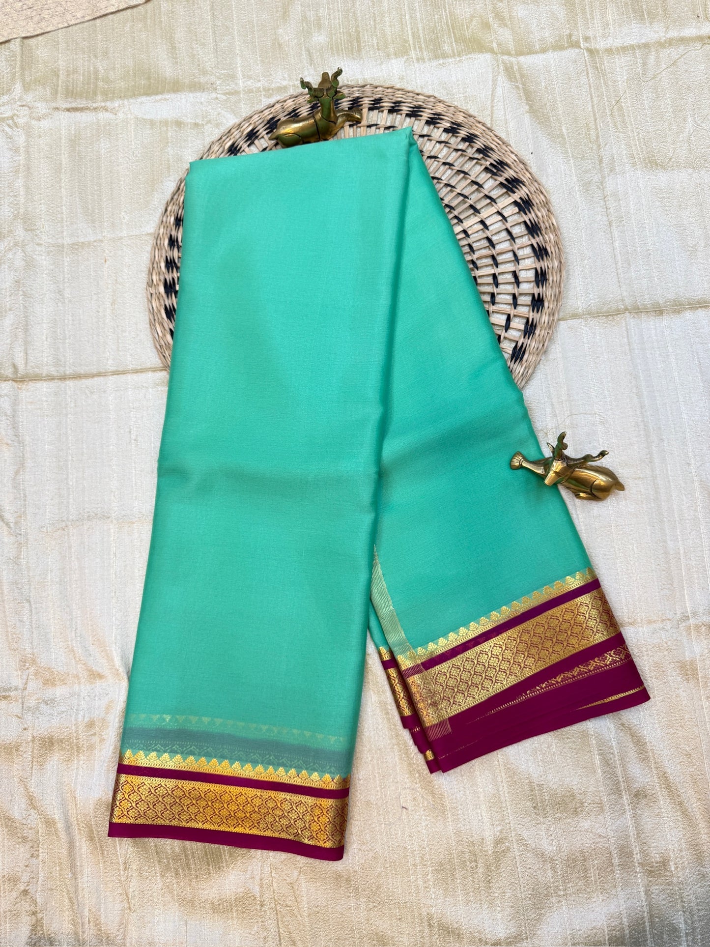 Pure Crepe Mysore Silk Saree | Cyan with Pink border