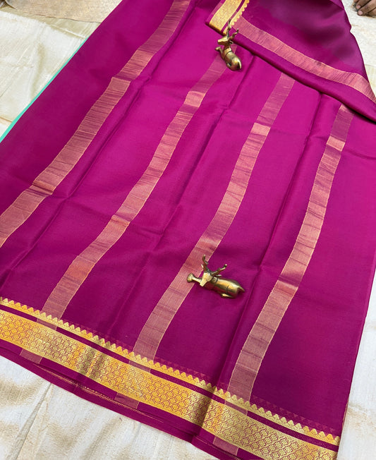 Pure Crepe Mysore Silk Saree | Cyan with Pink border