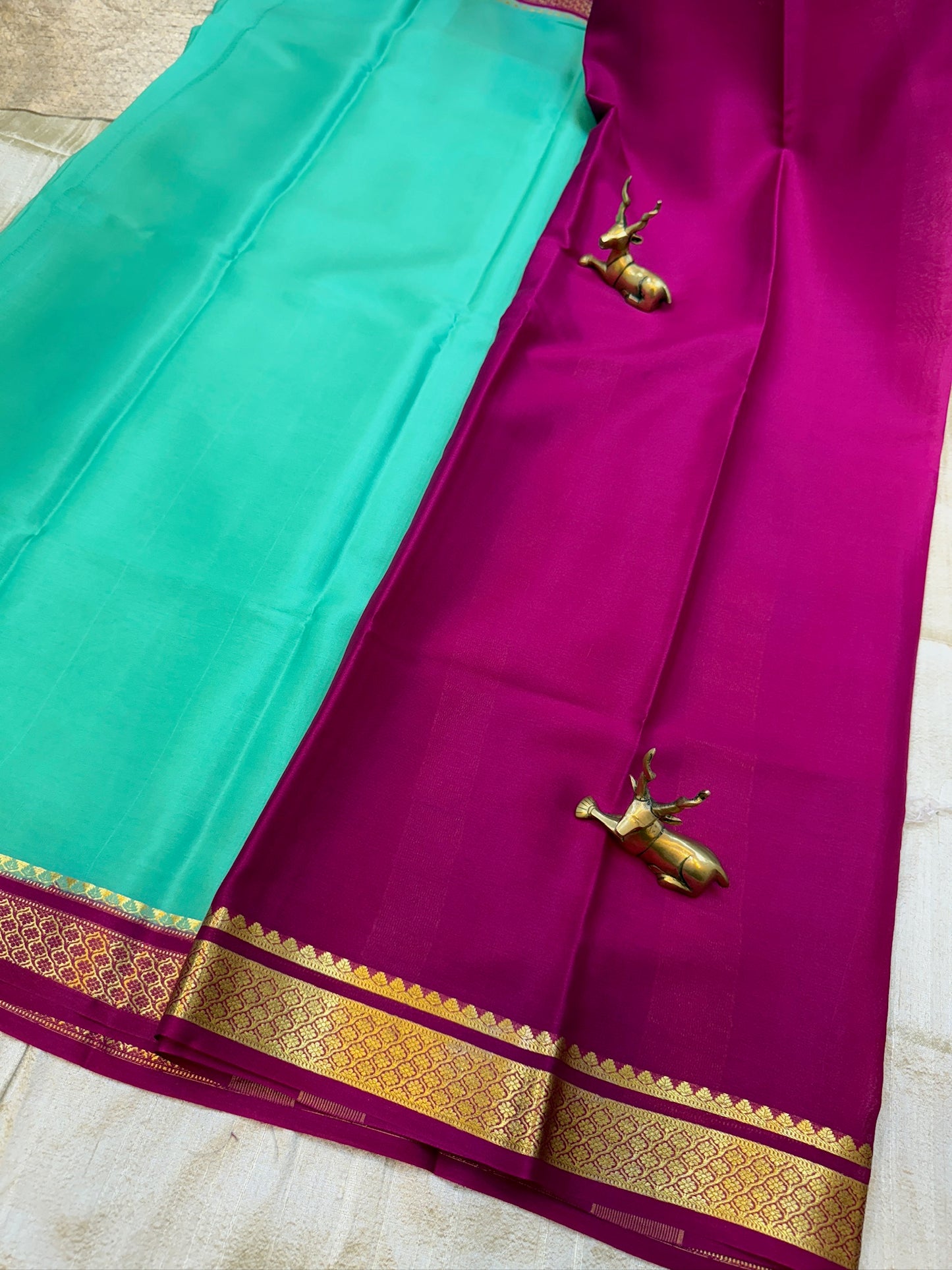 Pure Crepe Mysore Silk Saree | Cyan with Pink border