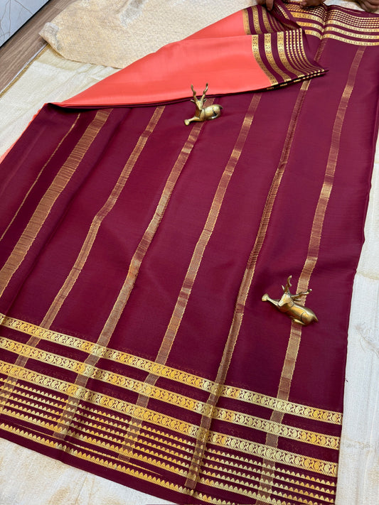 Pure Crepe Mysore Silk Saree | Salmon pink with Maroon Border