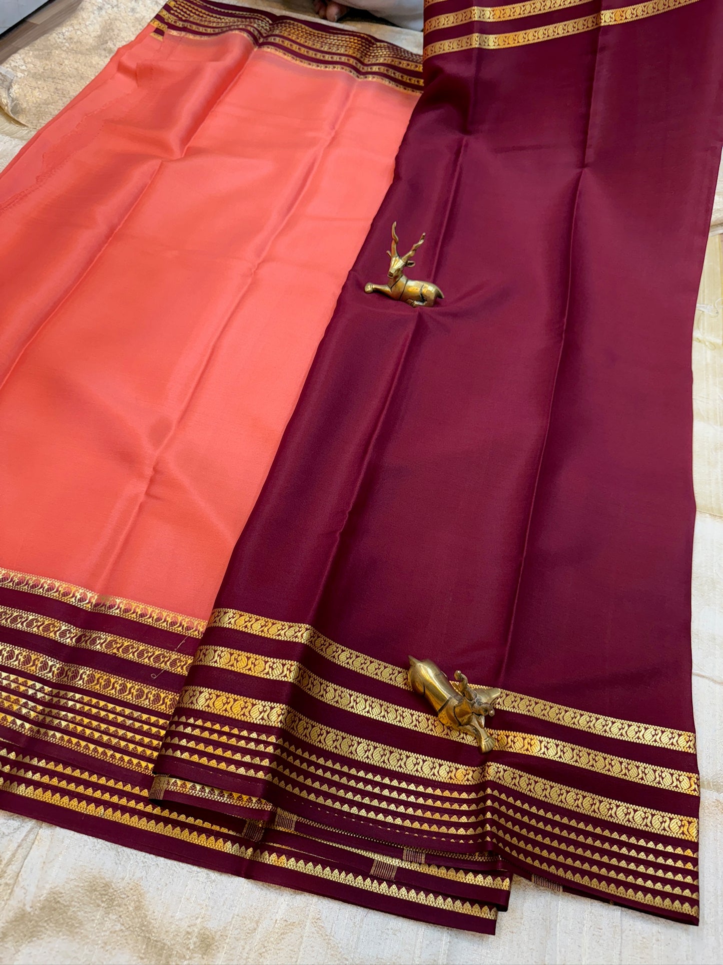 Pure Crepe Mysore Silk Saree | Salmon pink with Maroon Border