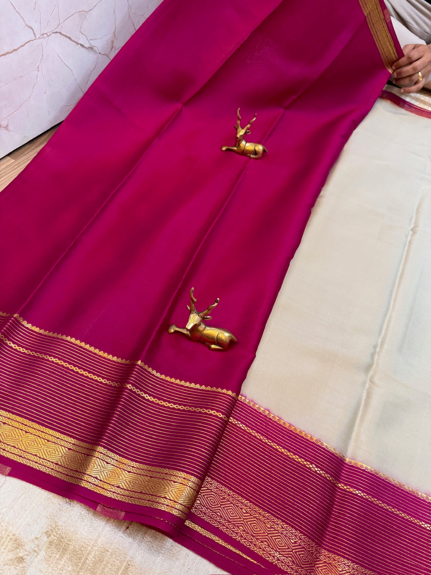 Pure Crepe Mysore Silk Saree | Grey with Pink Border