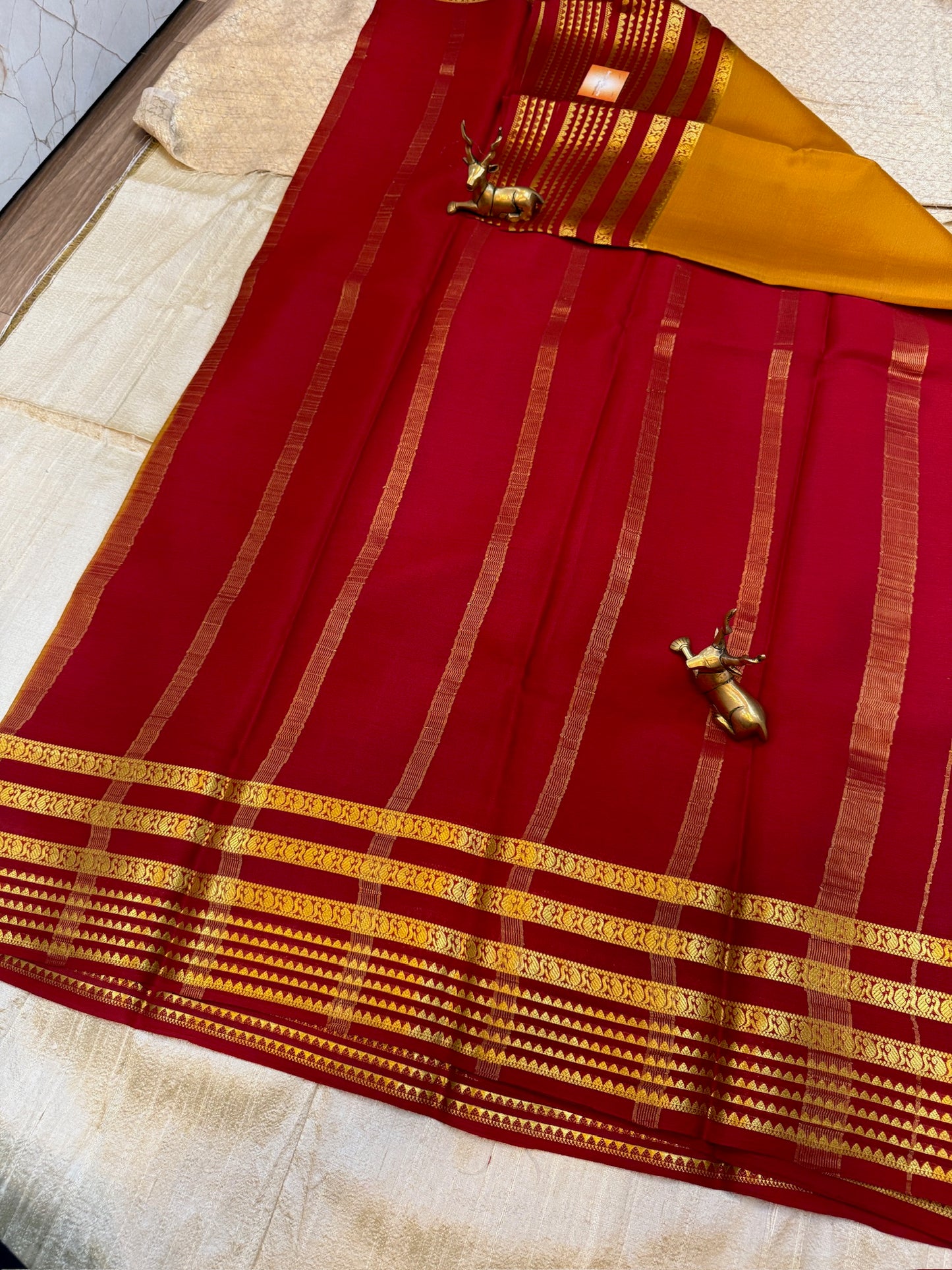 Pure Crepe Mysore Silk Saree with Bentex border | Orange with Red Border