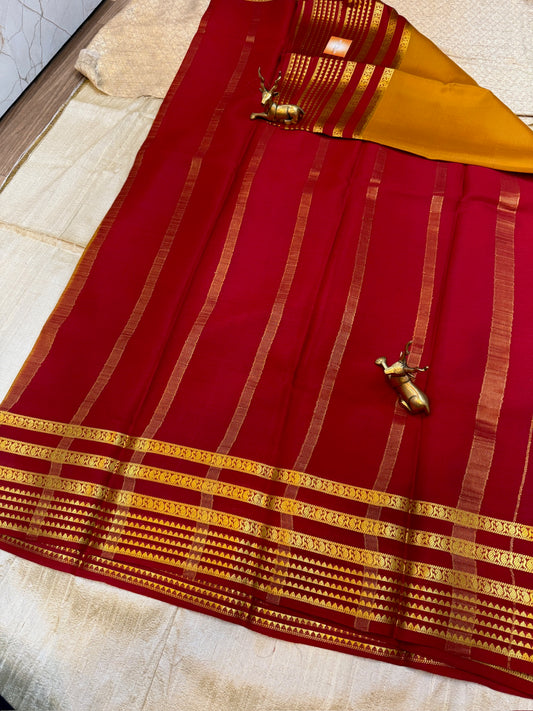 Pure Crepe Mysore Silk Saree with Bentex border | Orange with Red Border
