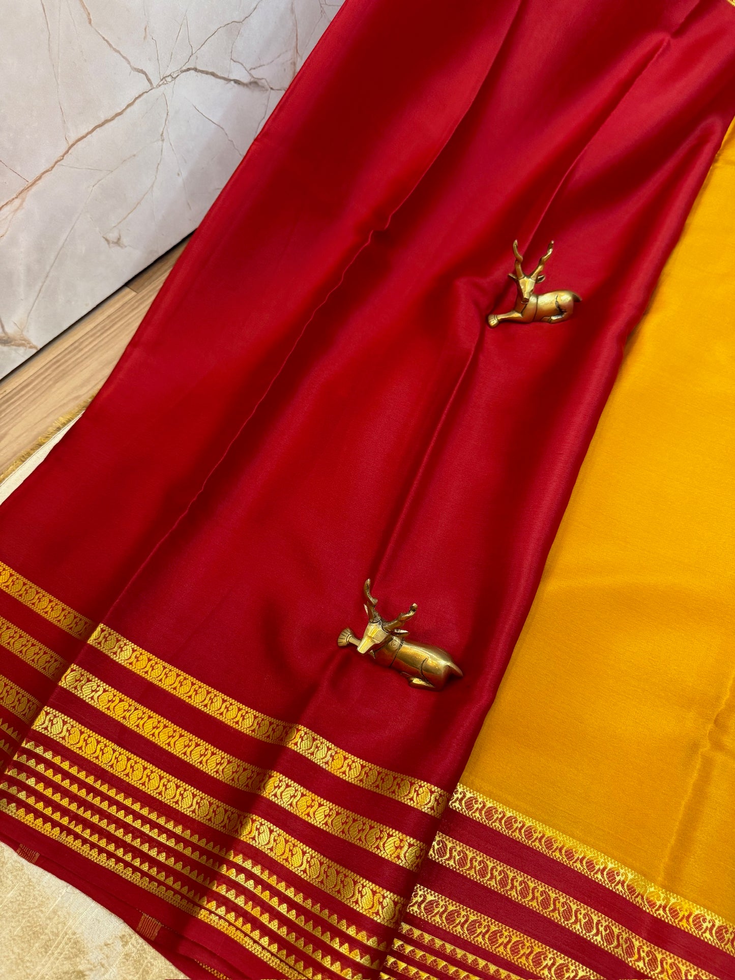 Pure Crepe Mysore Silk Saree with Bentex border | Orange with Red Border