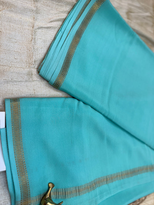 Pure Crepe 120GSM Mysore Silk Saree with 100% PURE ZARI BORDER Hallmark Certified | Cyan