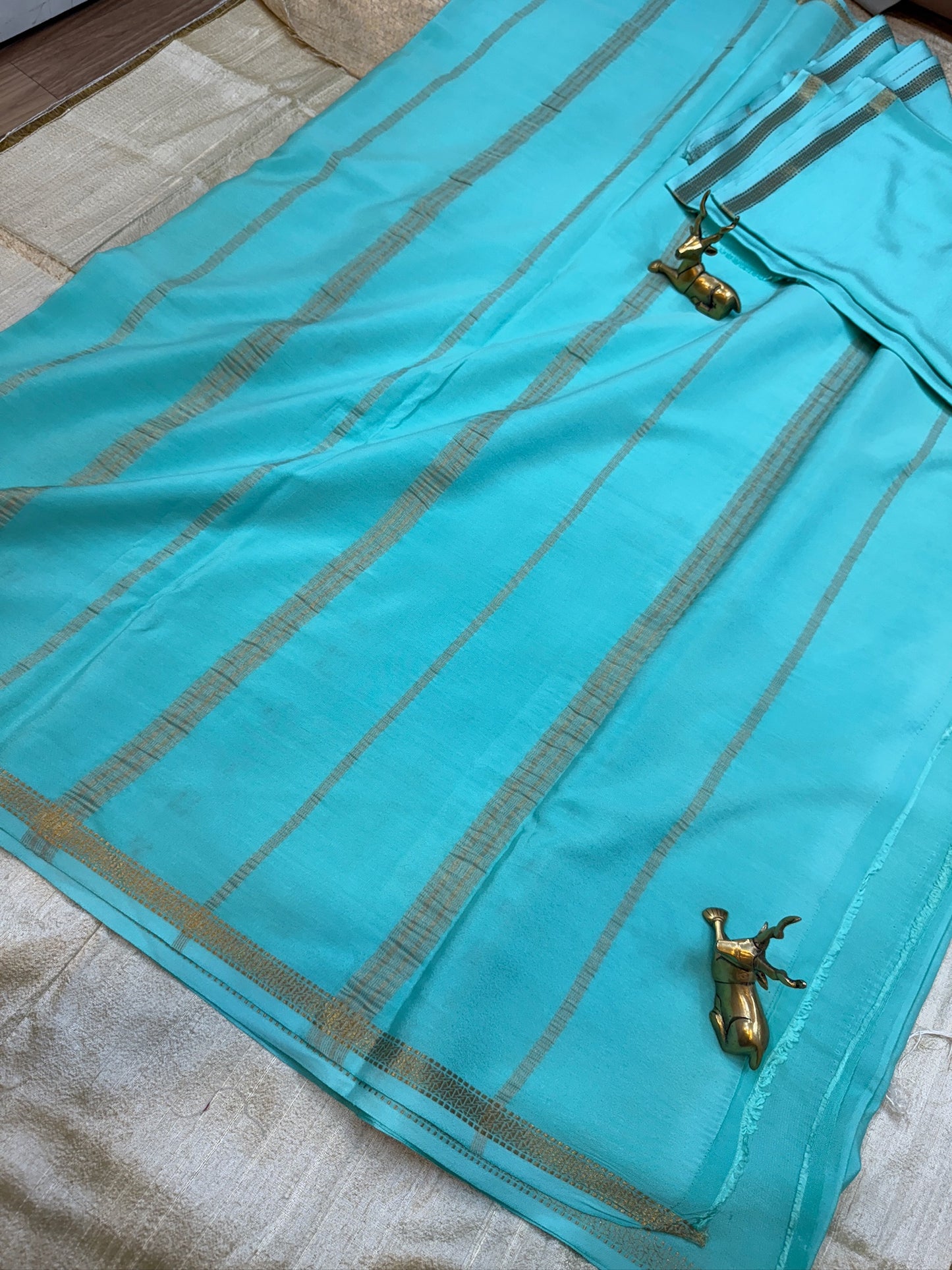 Pure Crepe 120GSM Mysore Silk Saree with 100% PURE ZARI BORDER Hallmark Certified | Cyan