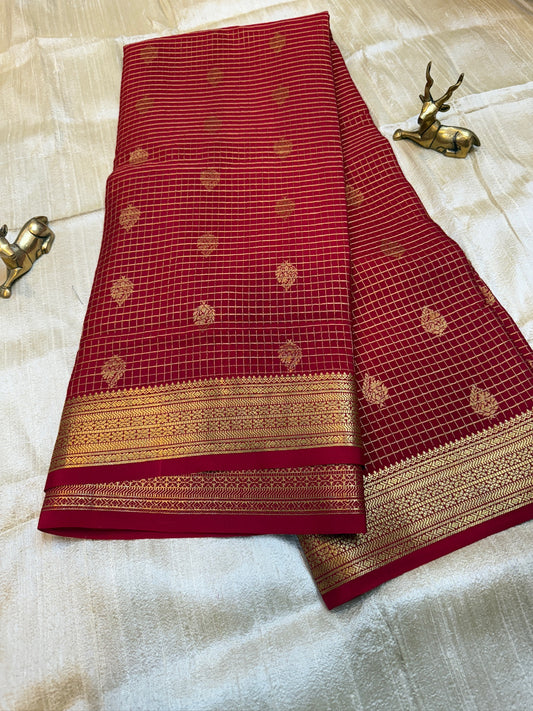 Pure Crepe Mysore Silk Saree | Checks design | Red