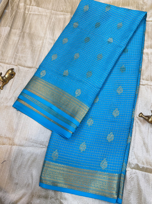 Pure Crepe Mysore Silk Saree | Checks design | Sky Blue