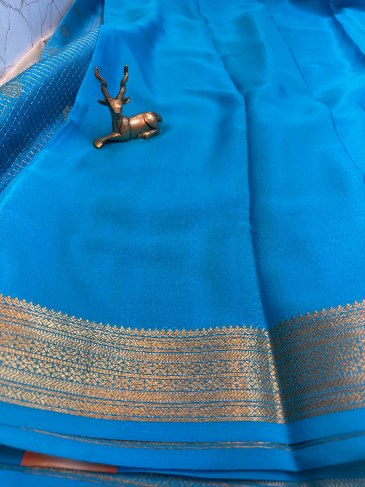 Pure Crepe Mysore Silk Saree | Checks design | Sky Blue