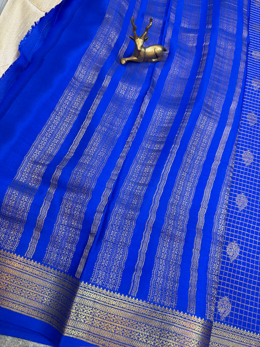 Pure Crepe Mysore Silk Saree | Checks design | Royal Blue