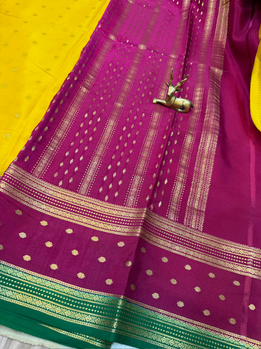 Pure Crepe Mysore Silk Saree | 3 colour bentex border| Yellow