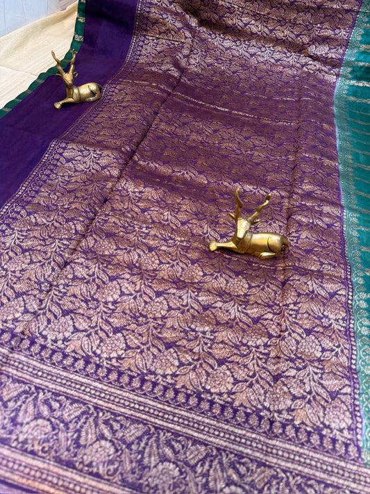 Banarasi Pure Crepe Saree | Line butta | Green and purple