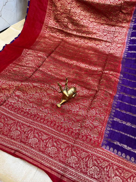 Banarasi Pure Crepe Saree | Line butta | Purple and red