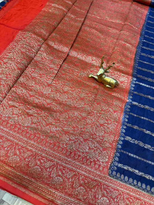 Banarasi Pure Crepe Saree | Line butta | Blue and orange