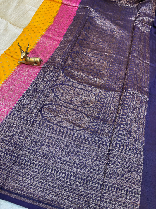 Banarasi Pure Crepe Saree | 3 colour | Yellow with pink and purple border