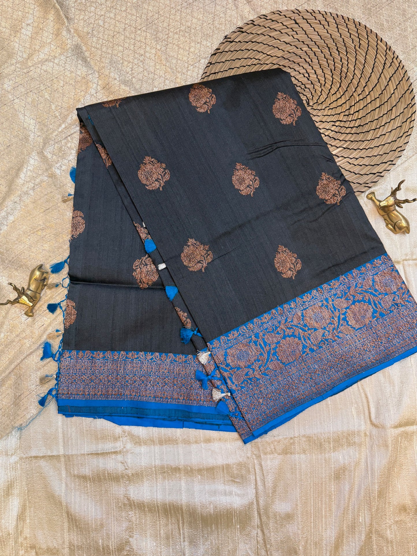 Banarasi Tussar Butta Silk Saree Black with blue border
