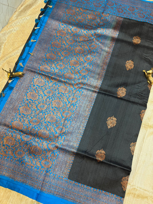 Banarasi Tussar Butta Silk Saree Black with blue border