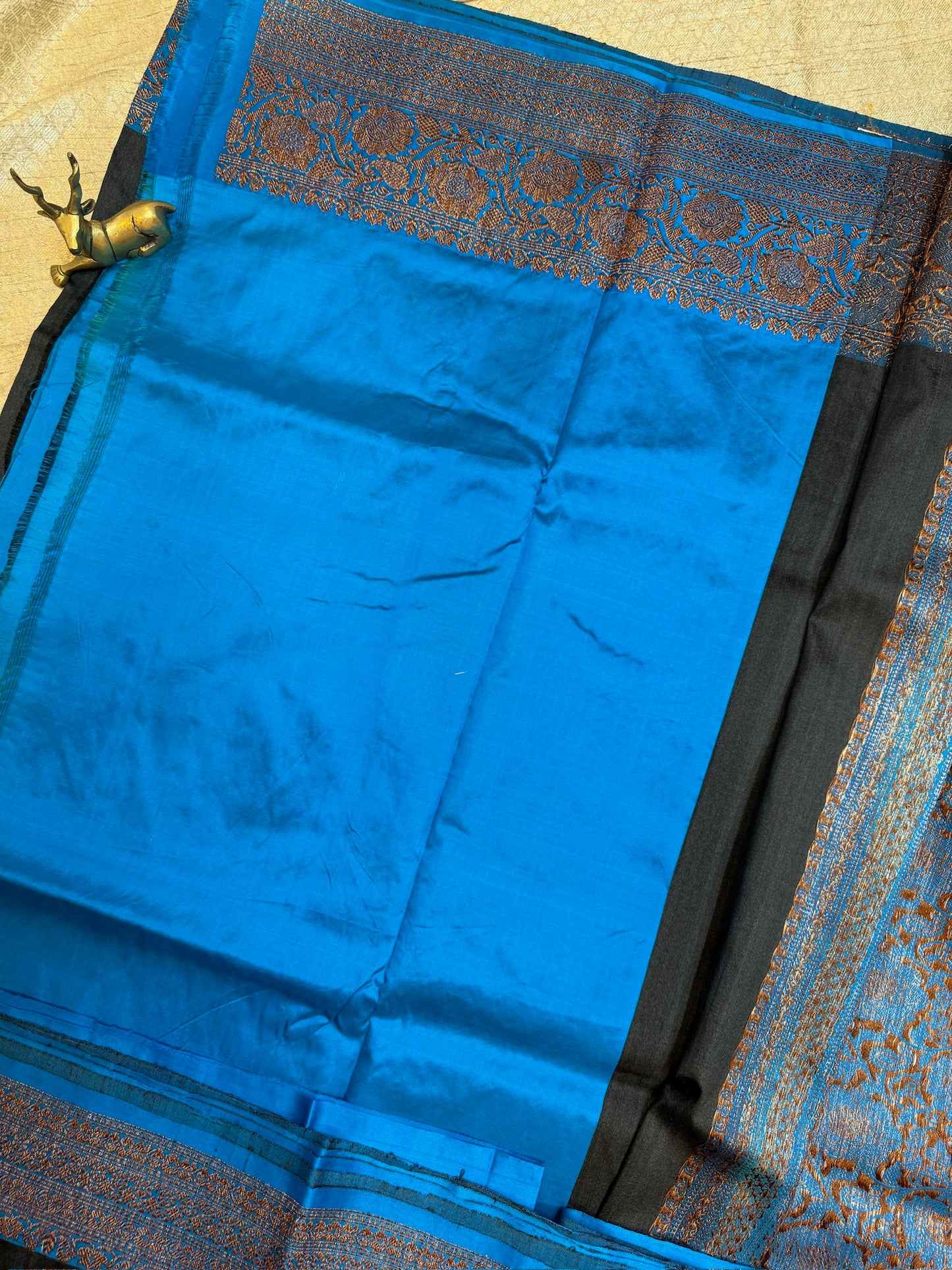 Banarasi Tussar Butta Silk Saree Black with blue border