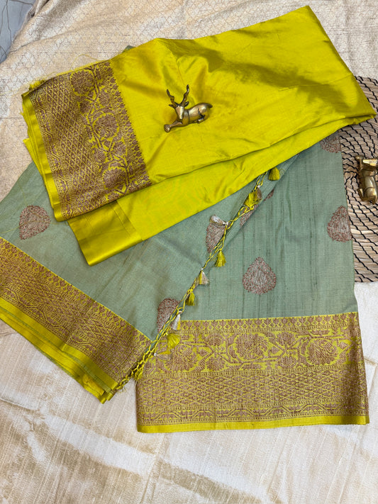 Banarasi Tussar Silk Saree Butta Green with yellow border