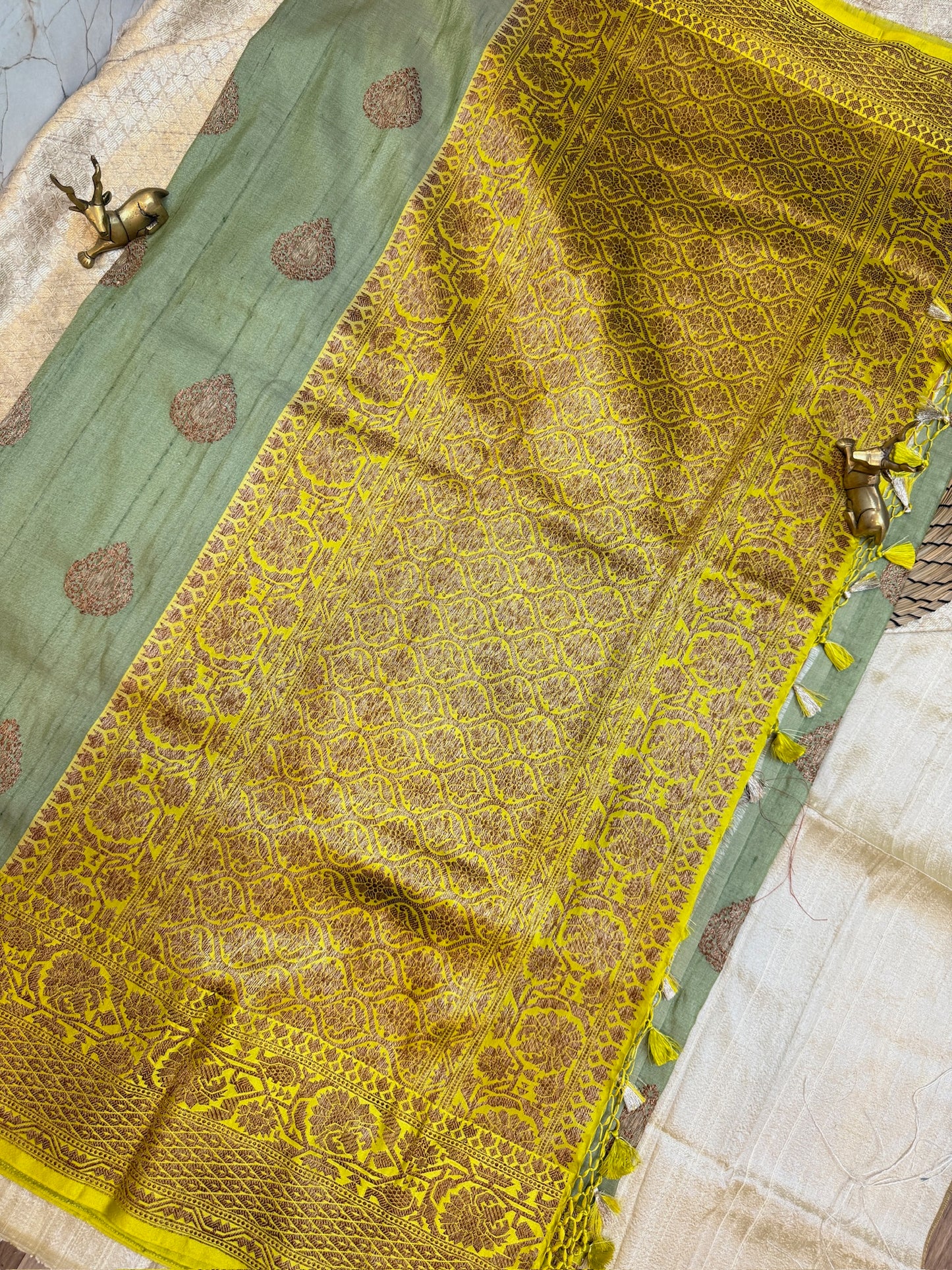 Banarasi Tussar Silk Saree Butta Green with yellow border