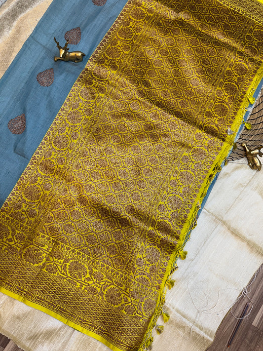 Banarasi Tussar Silk Saree with butta | Blue with yellow border
