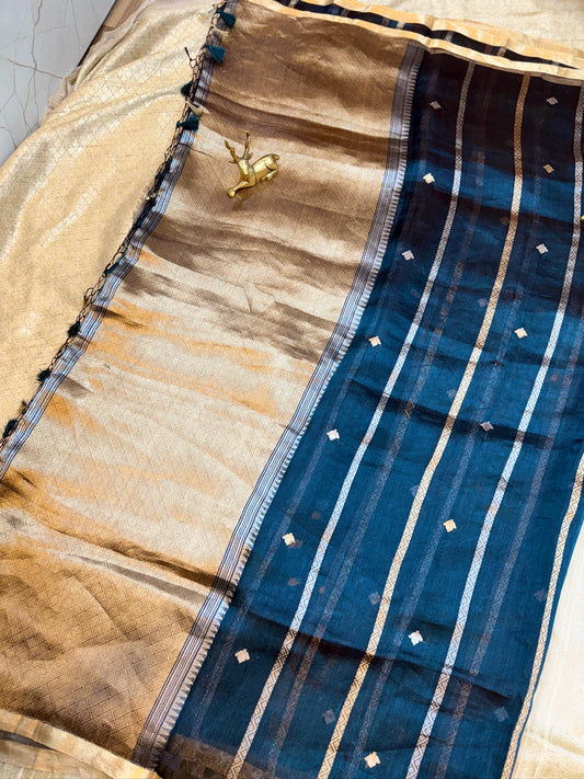 Pure Tissue Silk Saree with stripes | Blue