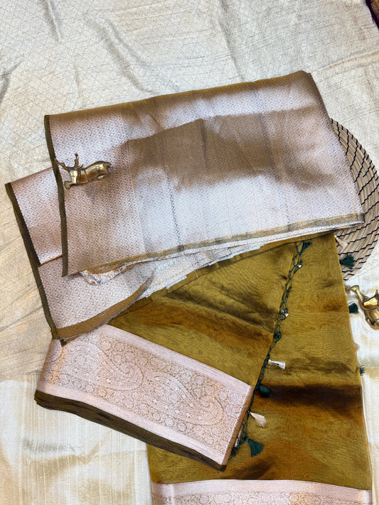 Pure Tissue Silk Saree plain | Olive green