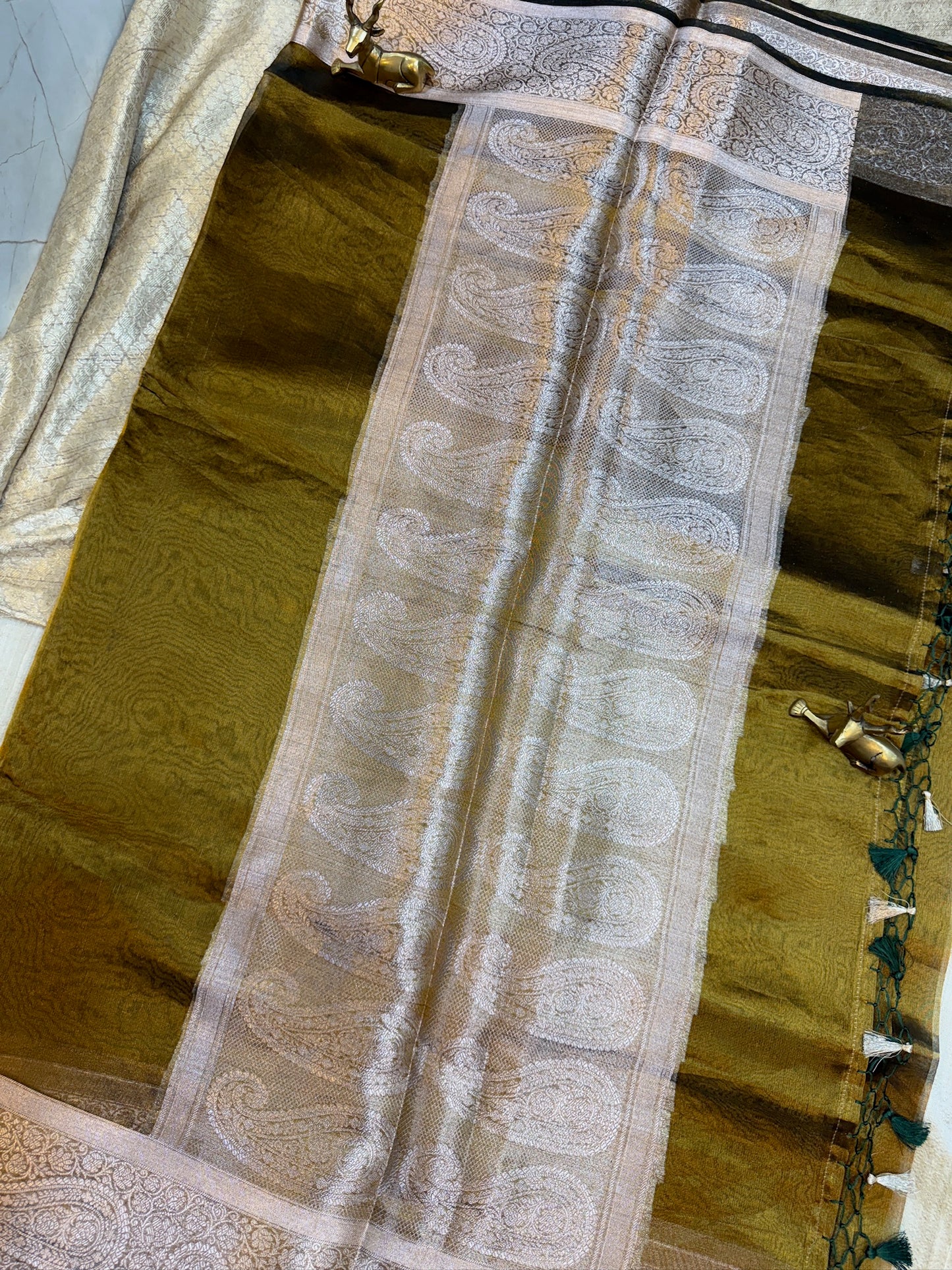 Pure Tissue Silk Saree plain | Olive green