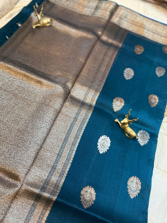 Pure Kora Silk Saree Banarasi with Butta | Dark Blue