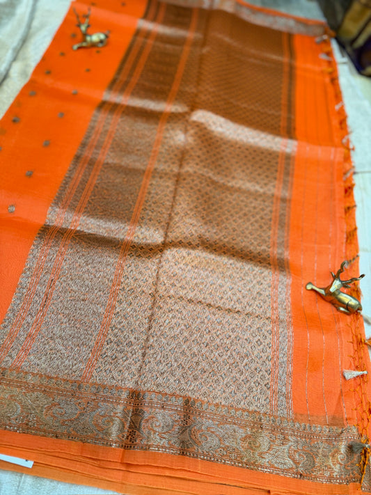 Pure Kora Silk Saree Banarasi with Butta | Hot Orange