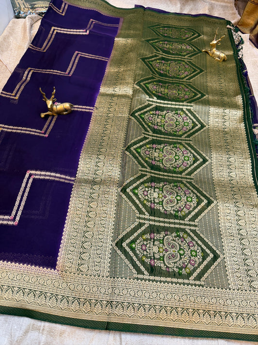 Kora Silk Saree Banarasi with Zig Zag lines| Purple