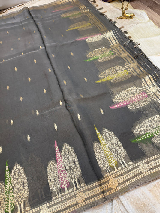 Kora Silk Saree Banarasi with Tree Butta | Grey