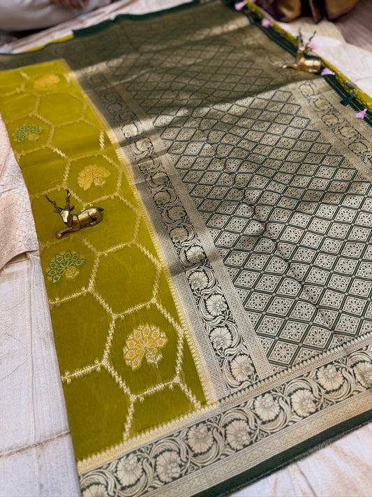 Kora Silk Saree Banarasi with Hexagon butta | Olive green