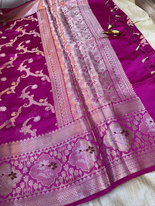 Banarasi Pure Raw Mango Katwar Silk Saree with flower design | Pink