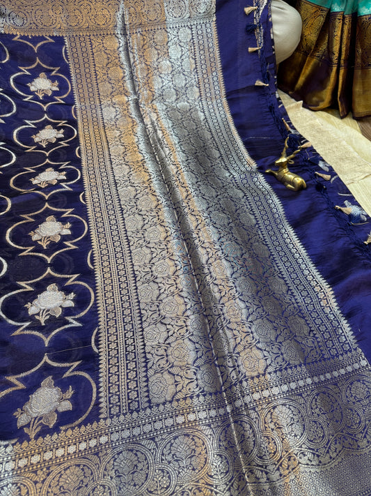 Banarasi Pure Raw Mango Katwar Silk Saree with floral design | Navy Blue