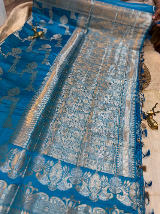 Banarasi Pure Raw Mango Katwar Silk Saree with floral design | Sky Blue