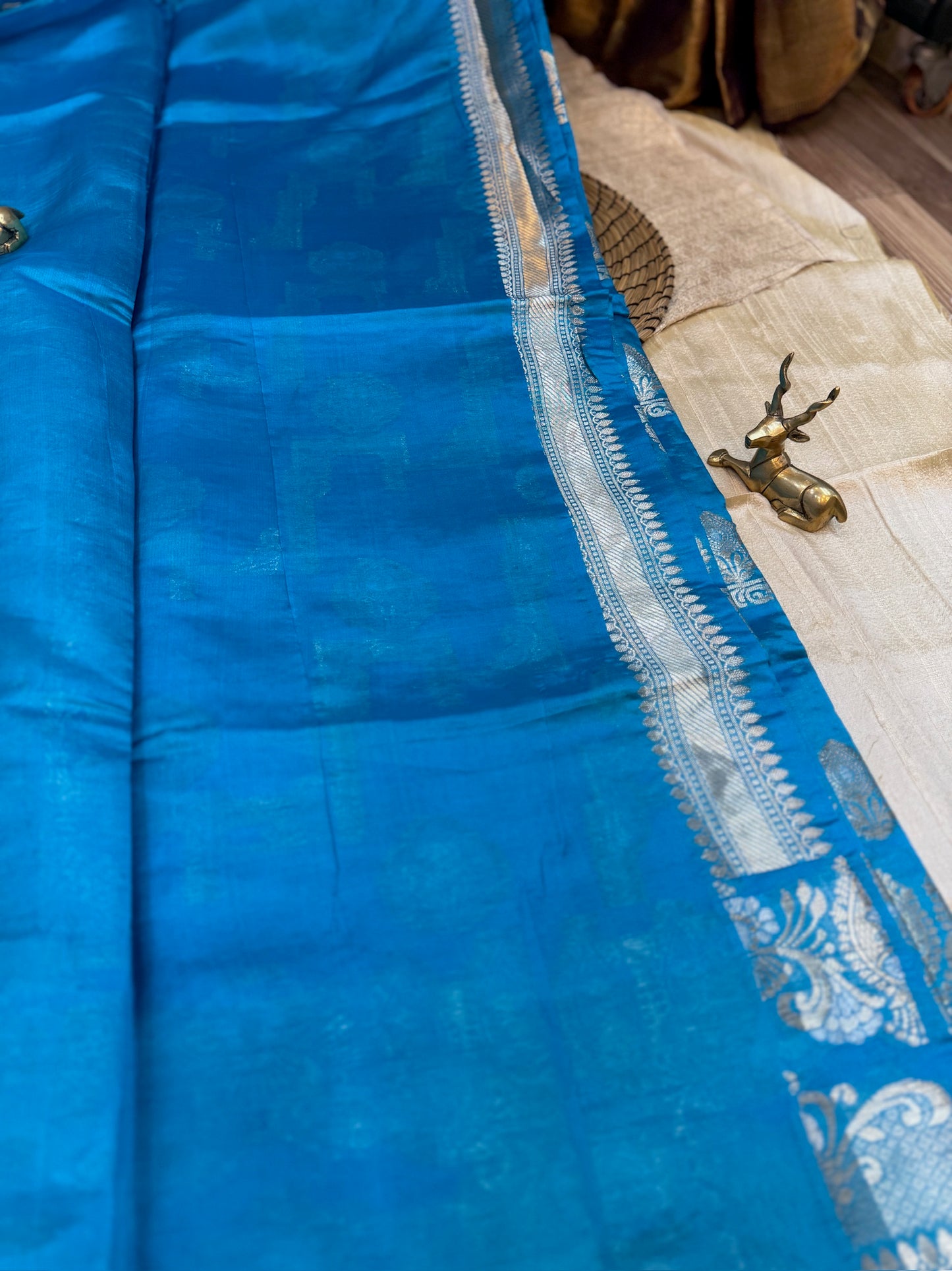 Banarasi Pure Raw Mango Katwar Silk Saree with floral design | Sky Blue